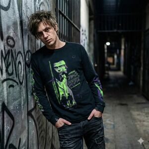 Rucking Fotten Fight Club Shirt Men Medium Black Japanese Long Sleeve Neon Green